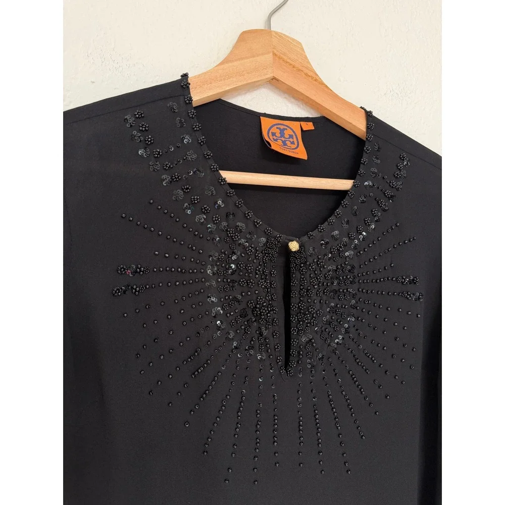 TORY BURCH Black Silk Beaded Sequin Long Sleeve Blouse Glam Regency Size 4
